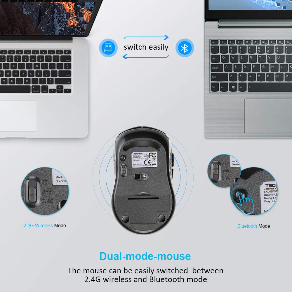 TECKNET Wireless Mouse for Laptop, Silent Bluetooth Mouse(BT5.0 & 2.4G) 4000DPI Adjustable, Computer Portable PC Quiet Mice with USB-A Receiver & 6 Buttons for Mac, 18 Months Battery
