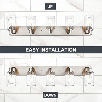 Bathroom Lights Fixtures Over Mirror, Brushed Nickel Vanity Lighting with 5 Seeded Glass Lampshades for Kitchen Living Room