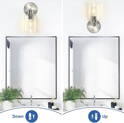 GORDNWE Set of 2 Bathroom Wall Sconce, Brushed Nickel Vanity Light, Modern Wall Light Fixture with Clear Glass Shade and E26 Bulb Base, Wall Lamp Wall Mount Light Fixtures for Mirror, Bedroom