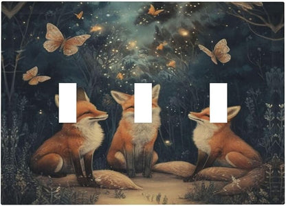 Decorative Art Light Switch Covers Foxes & Forest 3 Gang Triple Toggle Wall Plate Decorative Switch plate Electrical Faceplate for Home Decor