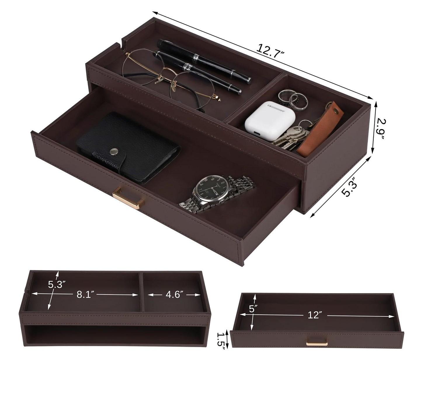 HofferRuffer Valet Jewelry Tray Organizer with Drawer, Faux Leather Storage Catchall Box Phone Charging Station Tray with Dresser Nightstand Desktop Drawer Organizer (Dark Brown)