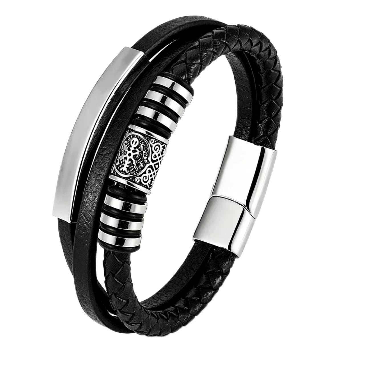 Kim Carrey Italian Handmade Genuine Leather Bracelets for Men Stainless Steel Clip, Men's Casual Genuine Multi-layer Cuff Bracelet, Bracelet Gift for Real Men (8.6" Viking)