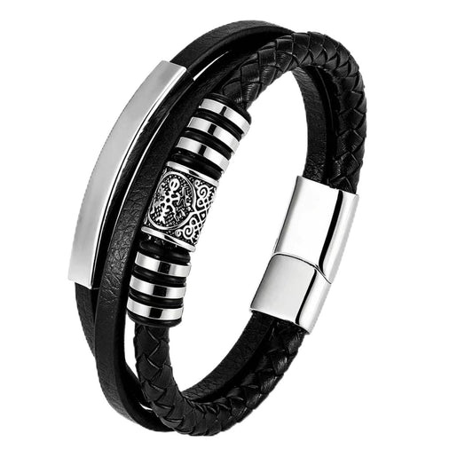 Kim Carrey Italian Handmade Genuine Leather Bracelets for Men Stainless Steel Clip, Men's Casual Genuine Multi-layer Cuff Bracelet, Bracelet Gift for Real Men (8.6" Viking)