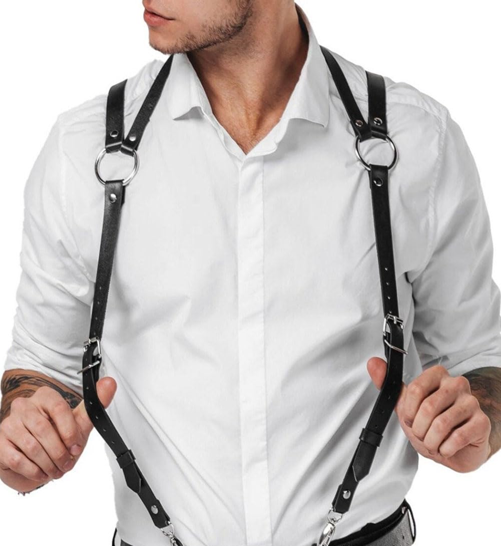 Mens Black Leather Armors Suspenders Shoulder Strap Body Chest Harness Chain Belt Adjustable Gay Punk Clubwear Costume