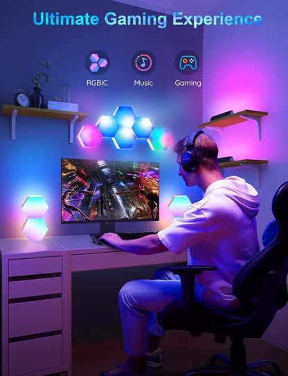 LED Hexagon Lights for Gaming Setup, Smart Home Gaming Wall Lights Work with Alexa Google Assistant, Voice, App & Remote Control, RGB-IC LED Light Panels Music Sync for Game Room Bedroom, 10 Pack