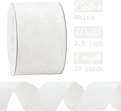 MEEDEE White Crushed Velvet Ribbon 2.5 inch Wired Crushed Velvet Christmas Ribbon 10 Yards for Christmas Tree Decoration, Baskets, Wreaths, Holiday Projects, Wedding Decor and Accents