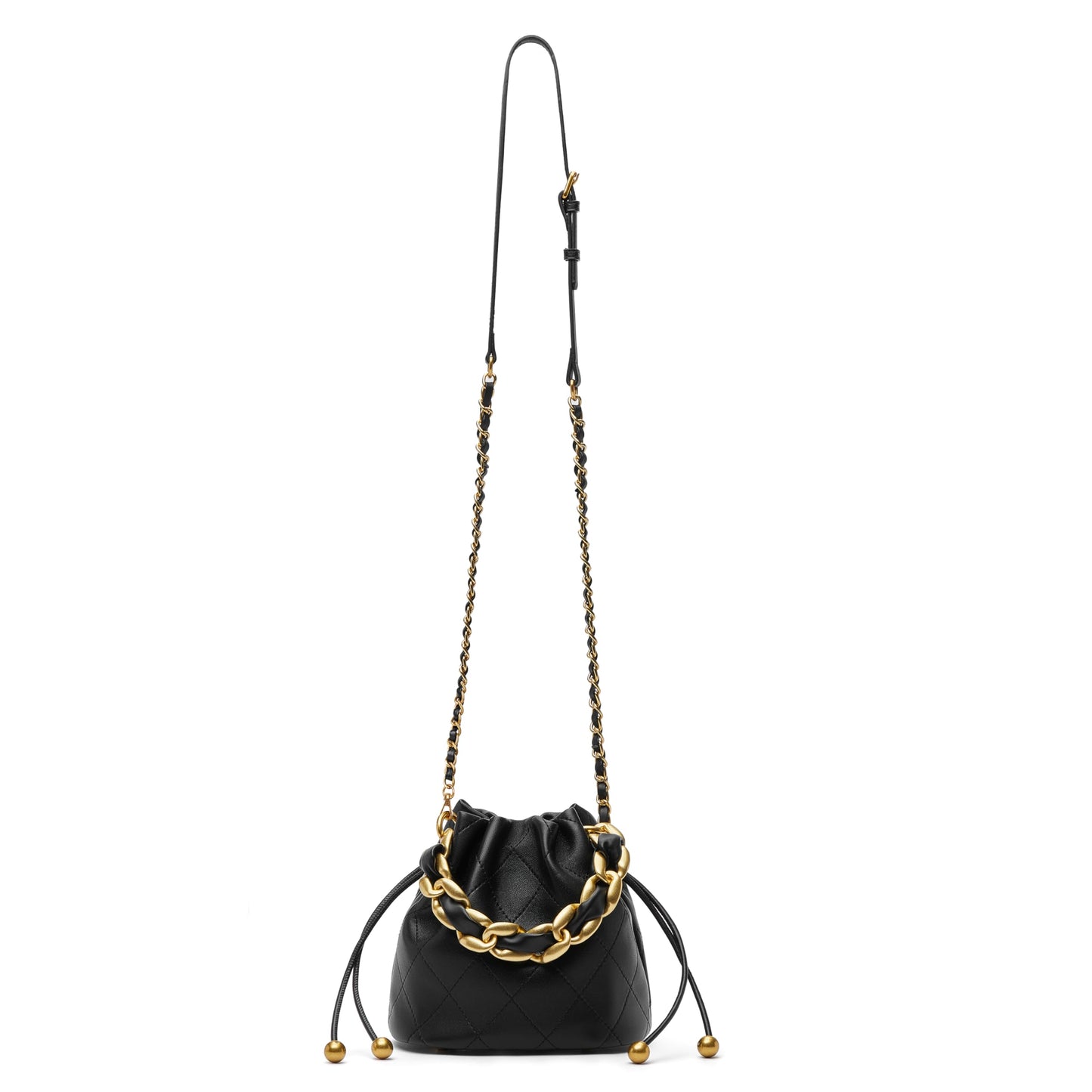 DORIS&JACKY Small Top Handle Bucket Bag, Designer Lambskin Drawstring Crossbody Purse with Chunky Chain Tote Strap (1-Black)
