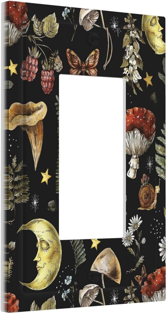 Nature Plant Botanical Daisy Mushroom Snails And Moon Single Rocker/Decora Light Switch Plate Decorative 1 Gang Outlet Cover Faceplate GFCI Electrical Receptacle Wallplate Dimmer for Home Decor