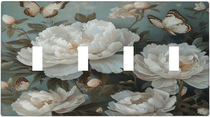 Decorative Art Light Switch Covers Butterflies & Peonies Quad Toggle 4 Gang Wall Plate Switch plate Electrical Faceplate for Home Decor