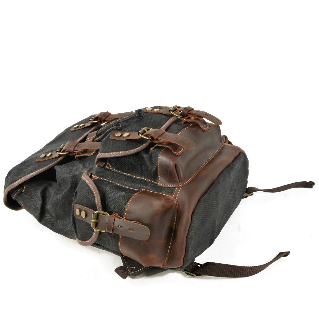 WUDON Men Travel Backpack, Genuine Leather-Waxed Canvas Shoulder Hiking Rucksack (Khaki)