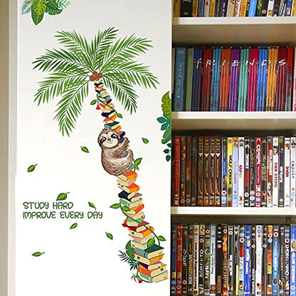 Book Tree Plants Sloth Wall Sticker, Cute Sloth Climbing on The Tree Wall Decal, Removable DIY Vinyl Mural Art Wallpaper D?cor for Reading Room Kids Bedroom Nursery Classroom