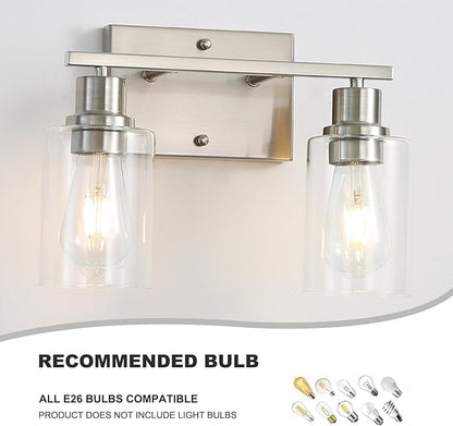 Farmhouse Wall Sconces 2-Lights Brushed Nickel Bathroom Vanity Light Fixtures,Classic Wall Lights with Clear Glass Shades, Modern Wall Lighting for Mirror,Bedroom,Living Room