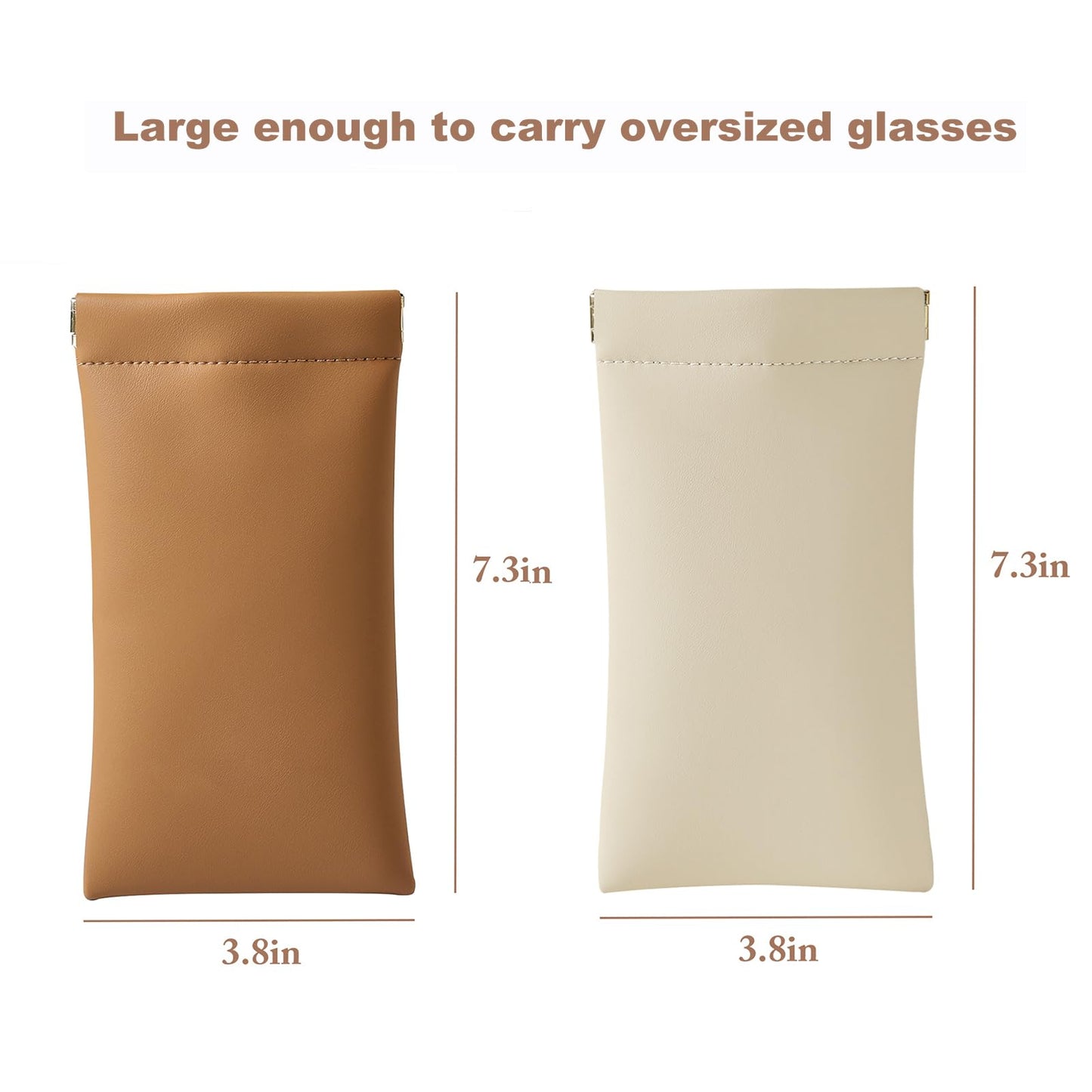 MEIBOOCH Squeeze Top Sunglass Case, New Organosilicon Soft PU Leather Eyeglass Glass Case Travel Large Sunglasses Pouch (No phrase printed, Brown+Beige)