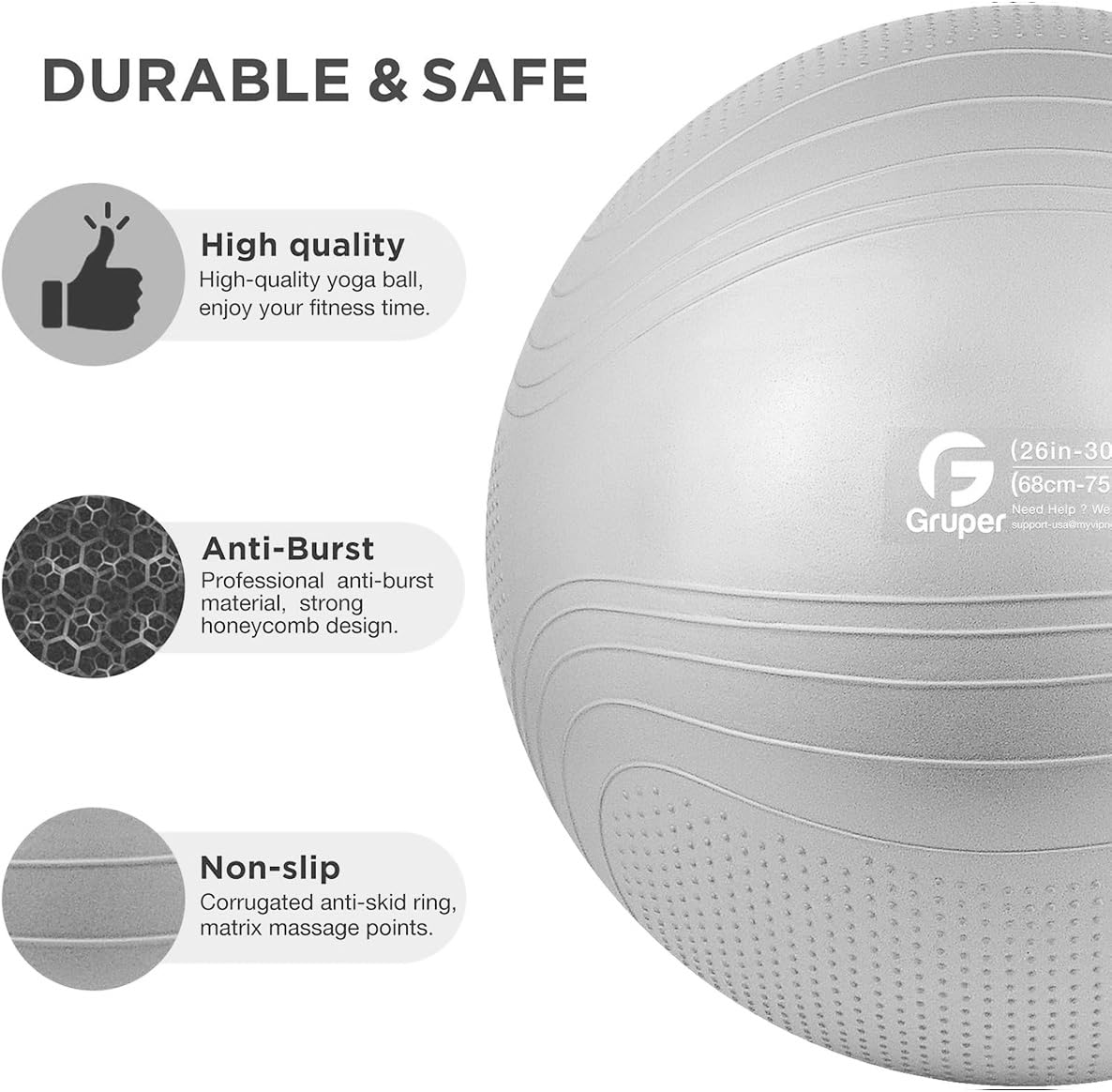 Gruper Yoga Ball, Multiple Sizes Non Slip Exercise Ball for Workout, Birthing, Balance, Stability, Pregnancy, 2200LB Capacity, Anti Burst Chair for Home and Office, Includes Quick Pump & Fitness Guide