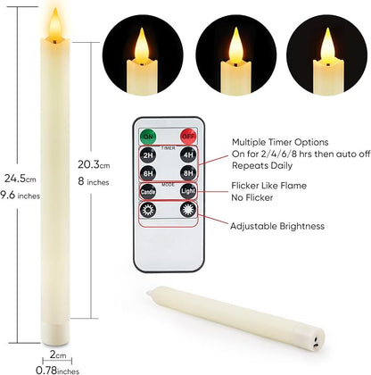 Homemory Rechargeable Flameless Taper Candles, Real Waxy LED Candlesticks Flickering, Battery Operated Candles with Remote Timer, 9.6 Inches for Home Wedding Christmas Decor, 6 Pcs, Ivory