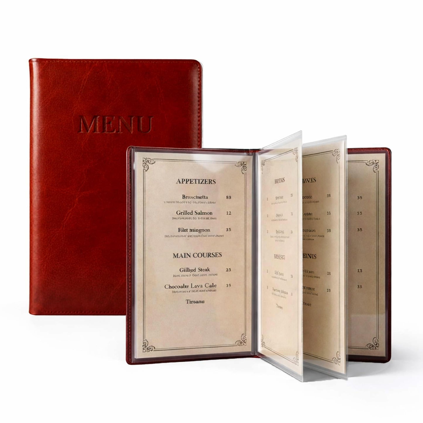 2-Pack Mahogany Red Vegan Leather Menu Cover with Embossed MENU Design 8.5x11 4 Page 8 View Clear Sleeves Restaurant Menu Holder Presentation Folder Portfolio Binder Sheet Music Professional