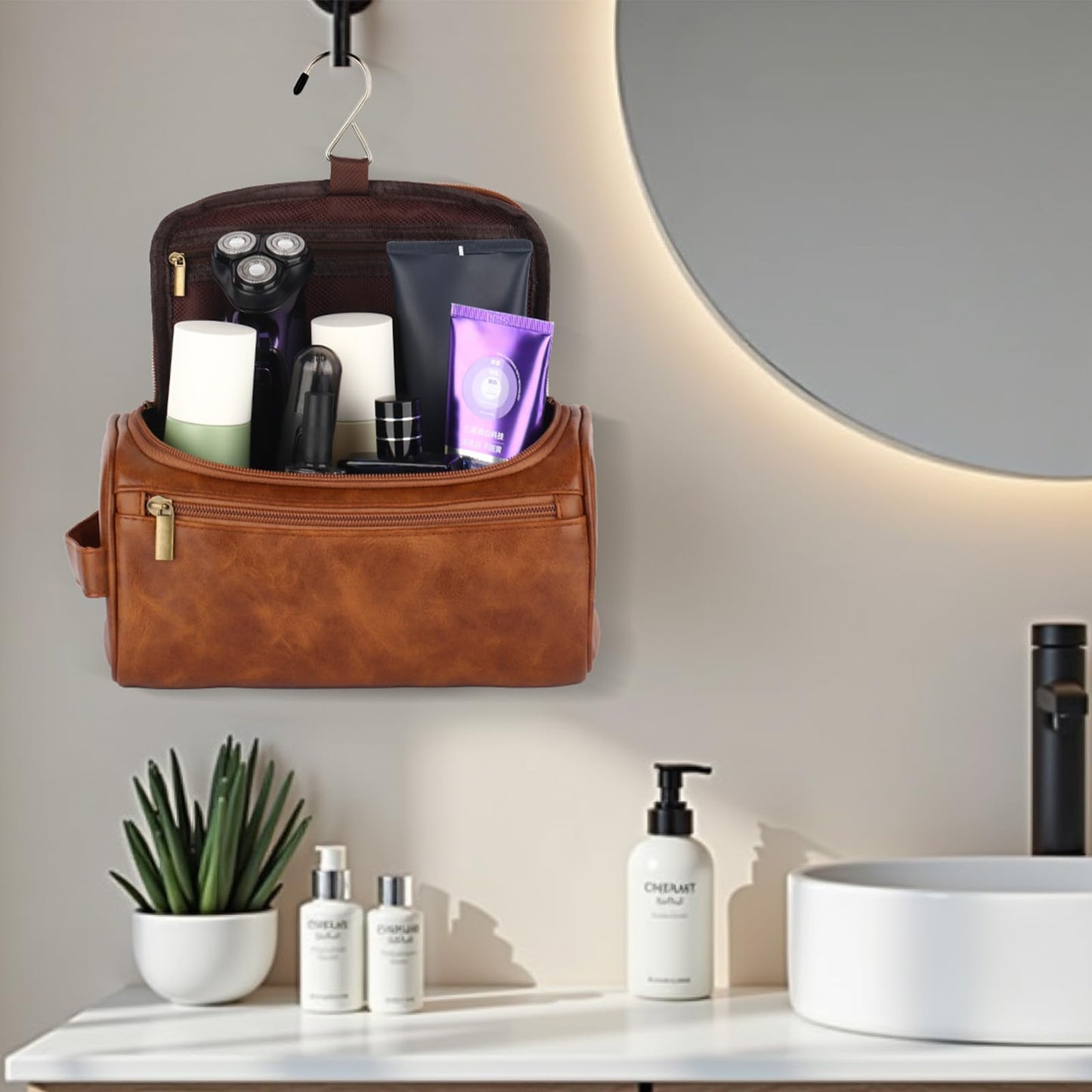 OXYEFEI Personalized Toiletry Bag for Men,Personalized Gifts for Men,Engraved Initial PU Leather Mens Toiletry Travel Shaving Travel Essentials Toiletries Bag for Him Birthday (J, Light Brown)