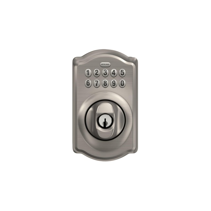 Schlage Camelot Electronic Keypad Deadbolt Lock, Keyless Front Door Entry, Mechanical Key Backup Included, Satin Nickel, BE365 V CAM 619