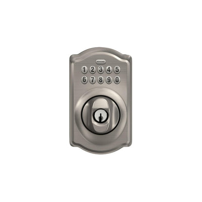 Schlage Camelot Electronic Keypad Deadbolt Lock, Keyless Front Door Entry, Mechanical Key Backup Included, Satin Nickel, BE365 V CAM 619