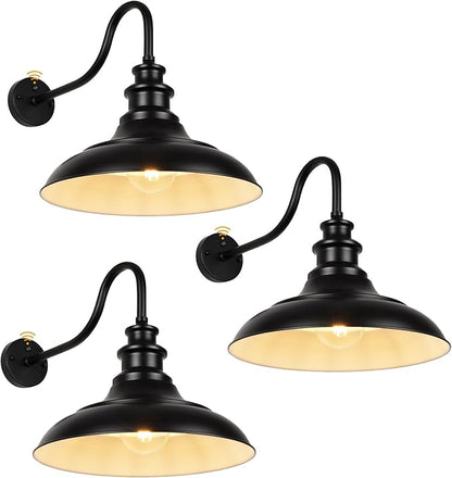 Exterior Farmhouse Gooseneck Barn Light,3PCS Dusk to Dawn Outdoor Lighting, 16 Inch Vintage Outside Garage Lights Fixtures for Patio Frontdoor Entryway Doorway, Matte Black