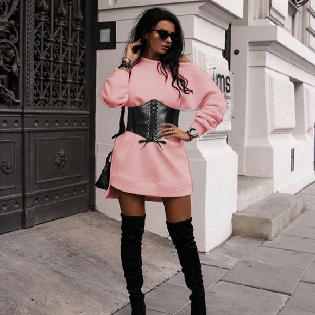 YooAi Leather Corset Belt for Women - Lace-up Elastic Waist Retro Wide Cinch Waistband for Dresses - Black 75cm