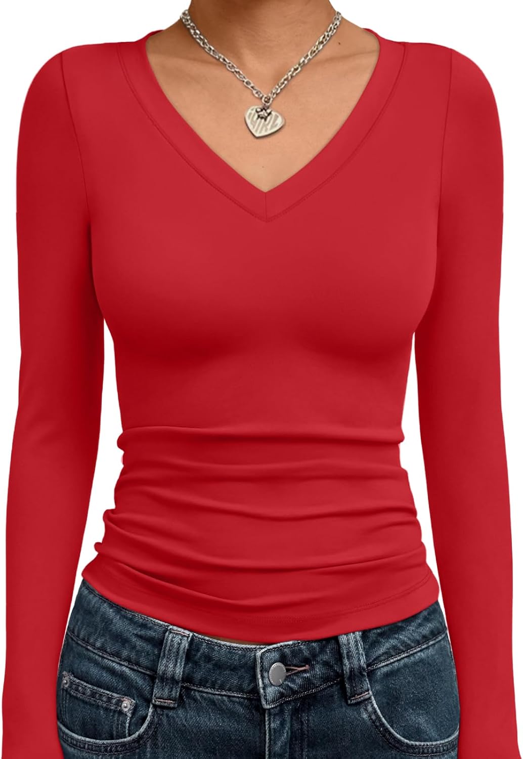 Trendy Queen Long Sleeve Shirts for Women 2025 Fall Fashion V Neck Basics Crop Tops Slim Fitted Y2K Tops Outfits Clothes