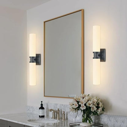 Black Wall Sconces Set of Two, 32 Inch Bathroom Sconces with Frosted Glass, Modern Sconces Wall Light Fixtures for Bathroom Mirror Living Room Bedroom Hallway (Bulbs Not Included)