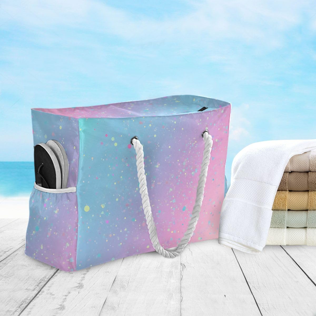 Women Large Beach Bag Unicorn Background with Rainbow Travel Tote Bags for Gym Sport Shoulder Bag
