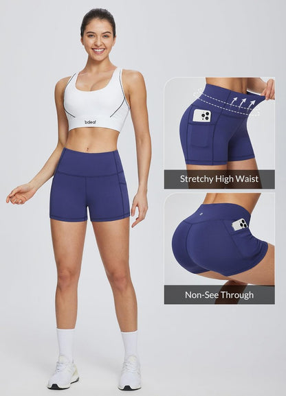baleaf Biker Shorts Women Yoga Gym Workout Spandex Running Volleyball Tummy Control Compression with Pockets 3" Navy Blue XXL