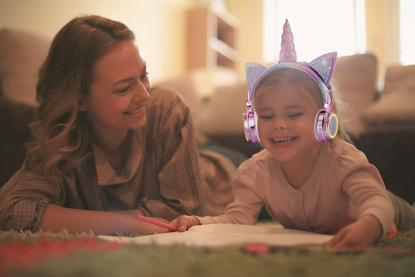 KORABA Kids Wireless Headphones for Girls Children Teens, LED Light Up Bluetooth Unicorn Headphones with Microphone for School/Xmas/Online Study/Unicorn Gifts (Pink Wireless)