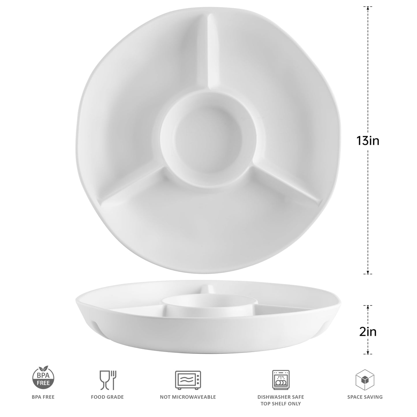 ZAROCRUS White Chip and Dip Serving Set, Divided Serving Platter Set, 4 Section Appetizers and Cheeses Serving Tray, Compartment Dishes for Party, Christmas, Dessert, Fruit, Candy, 13-inch, Set of 2