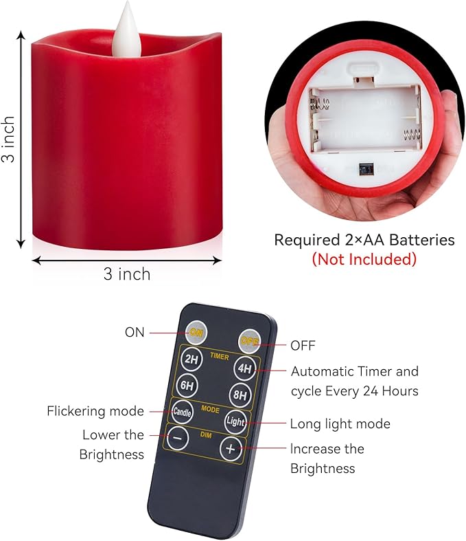 Red LED Pillar Candles 3x3 Inch - Battery Operated Flameless Candles with Remote Timer & Realistic Flickering Flame, 600+ Hours Lasting for Christmas Halloween Home Decor (1-Pack)