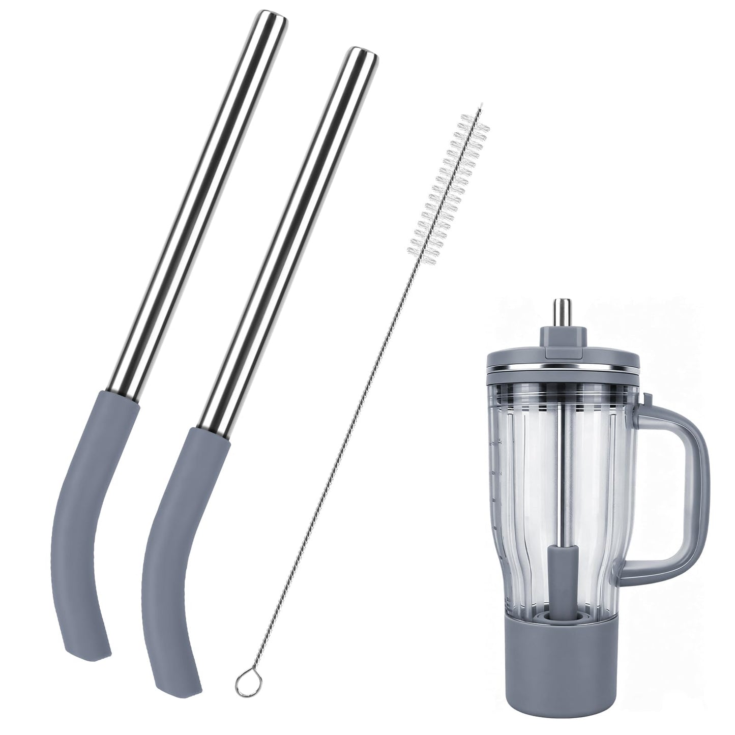 2Pcs Replacement Straw for Ninja BlendBOSS Personal Smoothie Blender Cup, Reusable Glass Straws Compatible With Ninja BlendBOSS Travel Tumbler (Grey)