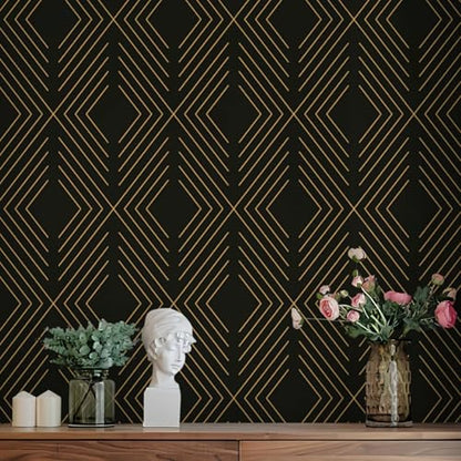LiKiLiKi Peel and Stick Wallpaper Black and Gold Contact Paper Geometric Modern Wall Paper for Nursery Room Bedroom Bathroom Cabinets and Drawers Vinyl Roll Self-Adhesive Waterproof 17.3¡± x 78.7¡±