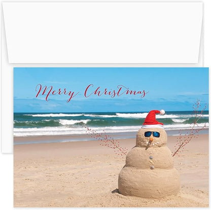 Canopy Street Masterpiece Beach Snowman Cards / 16 Merry Christmas Holiday Card Set With White Envelopes / 5 5/8" x 7 7/8" Winter Greeting Cards With Meaningful Inside Verse
