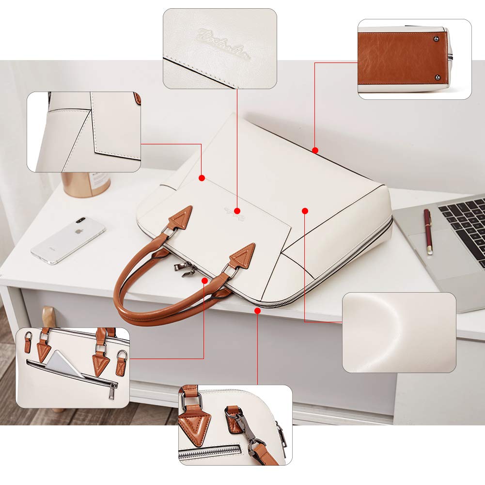 BOSTANTEN Briefcase for Women Leather 15.6 inch Laptop Shoulder Bag Office Work Crossbody Handbag Beige-White