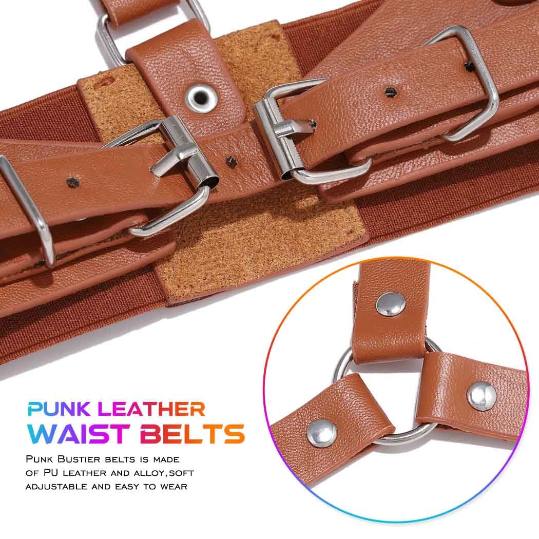 CLOACE Punk Waist Belt Gothic Black Leather Wide Waist Belts Elastic Cosplay Halloween Body Chain Accessory for Women (brown)