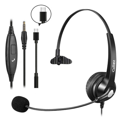 Callez Wired Computer Headset, 3.5mm Cell Phone Headset with Mic Noise Cancelling, USB-C Headphone for PC Laptop Mac iPhone Samsung Zoom Teams Call Center Home Office Work, in-line Controls