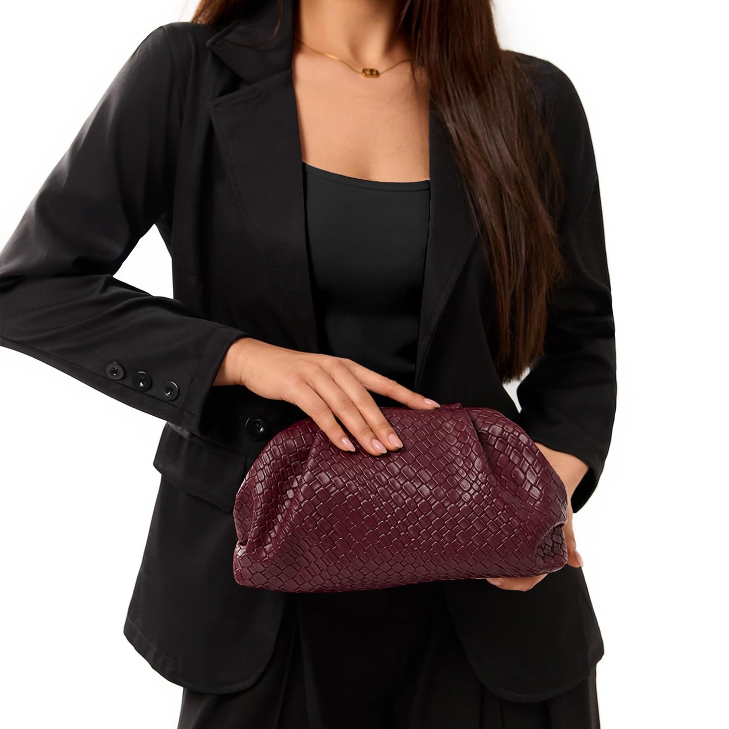 PHILOMENA Women's Woven Evening Bag Vegan Leather Clutch Purse Dumpling Ruched Bag Party Wedding Elegant Handbags (Wine Red)