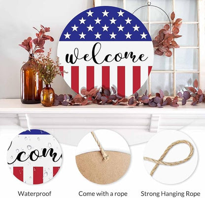 Welcome Wreath Sign for Farmhouse Front Porch Decor Patriotic Welcome Sign 12Inch Wooden Seasonal Decor Hanging Present