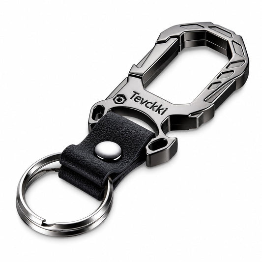 Tevckki Tactical leather keychains Carabiner Car Key Chains Bottle opener .Metal Clip Keychain with Anti-Lost 2 Key Rings Universal for men and women.(Black)