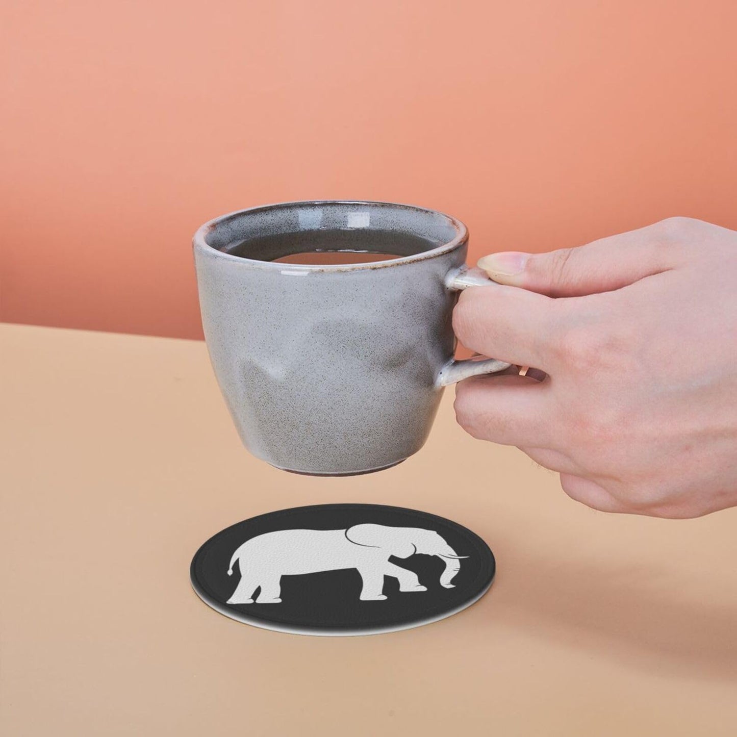 Black and White Elephant Leather Drink Coasters Set of 6 with Holder Round Cup Coaster for Table Decor