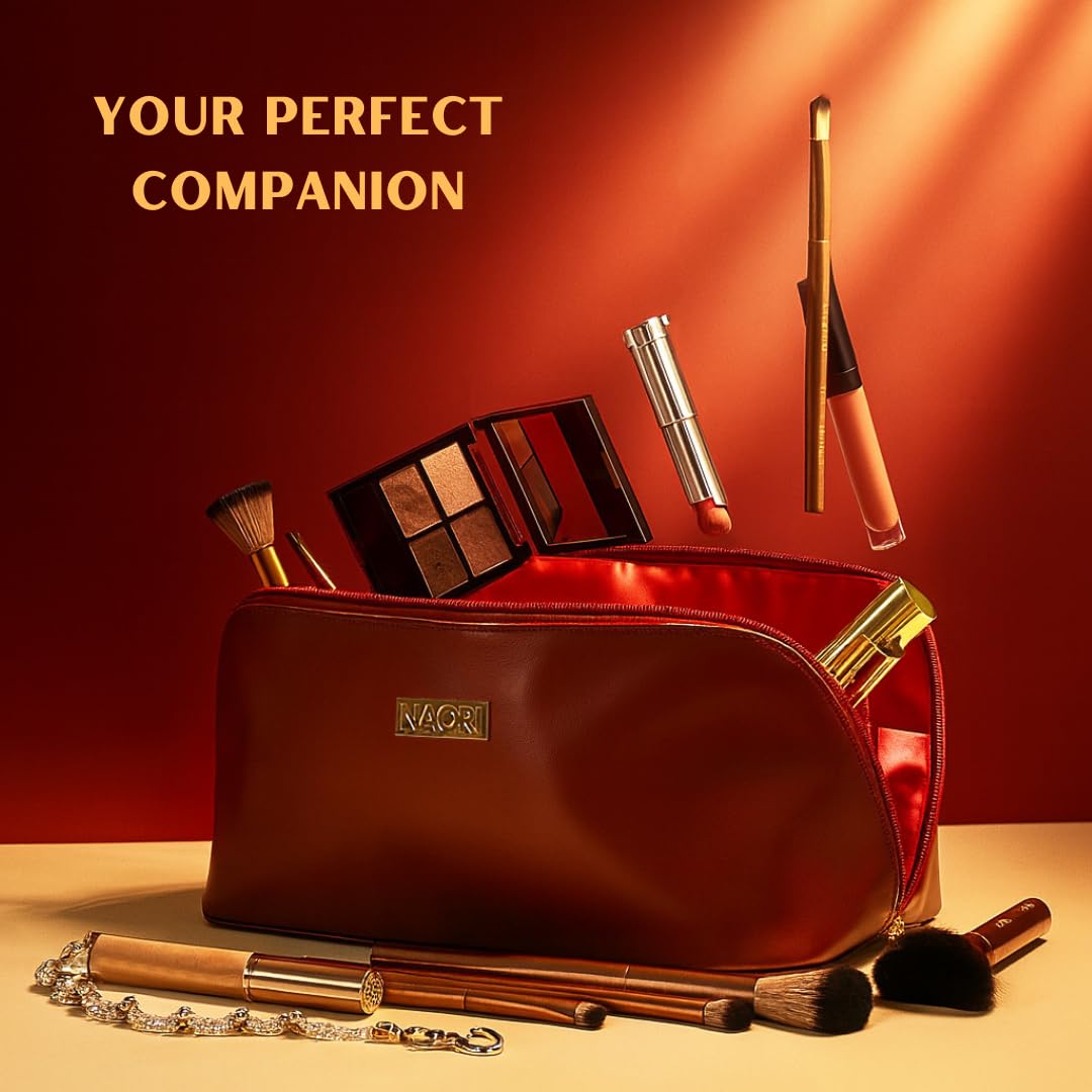 NAORI Travel Makeup Bag for Women | Large Luxury Cosmetic Organizer with Handle & Inner Pockets | Waterproof Faux LeatherToiletry Bag | Makeup Case for Home, Travel & Gifting (Classic Burgundy)