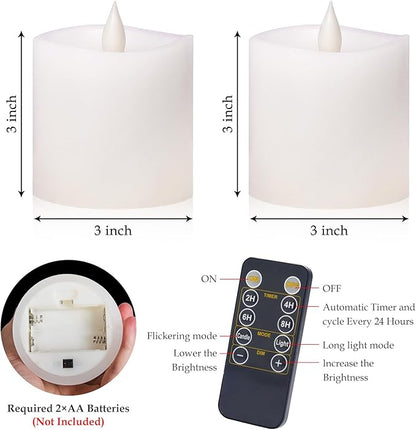 Flickering Flameless Candles Battery Operated with Remote Timer - Realistic 3D Moving Flame Candles, 600+ Hours Long-Lasting White LED Wax Candles for Wedding Home Decor, 3x3 Inch Set of 2