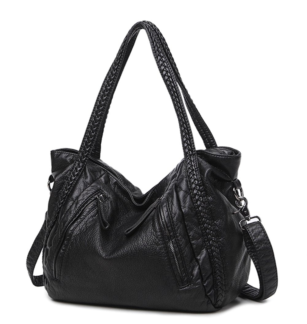 Mn&Sue Vegan Leather Hobo Bag for Women, Slouchy Shoulder Handbag with Braided Handle, Work Tote Travel Daily Purse (Medium)