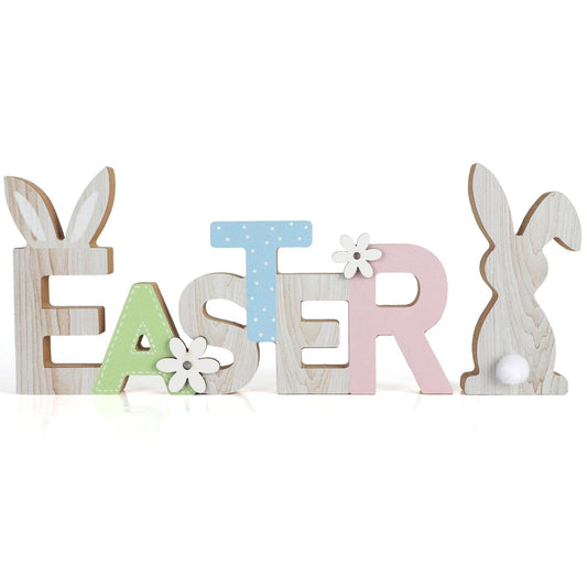 COCHIE Vintage Happy Easter Sign, Wooden Spring Decorations for Home, Office, Shelf, Mantel, Indoor, Wood Farmhouse Bunny Decor, Pink Blue Green Table Top Party Supplies Decoration (Easter Bunny)