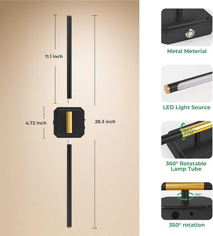 10000mAh Detachable Battery Operated Wall Sconce Set of 2, Wireless Wall Lamp 360°Rotate, 3000-6500K Dimmable, Rechargeable Modern Wall Light for Bedroom, Living Room，28.3" Black Gold