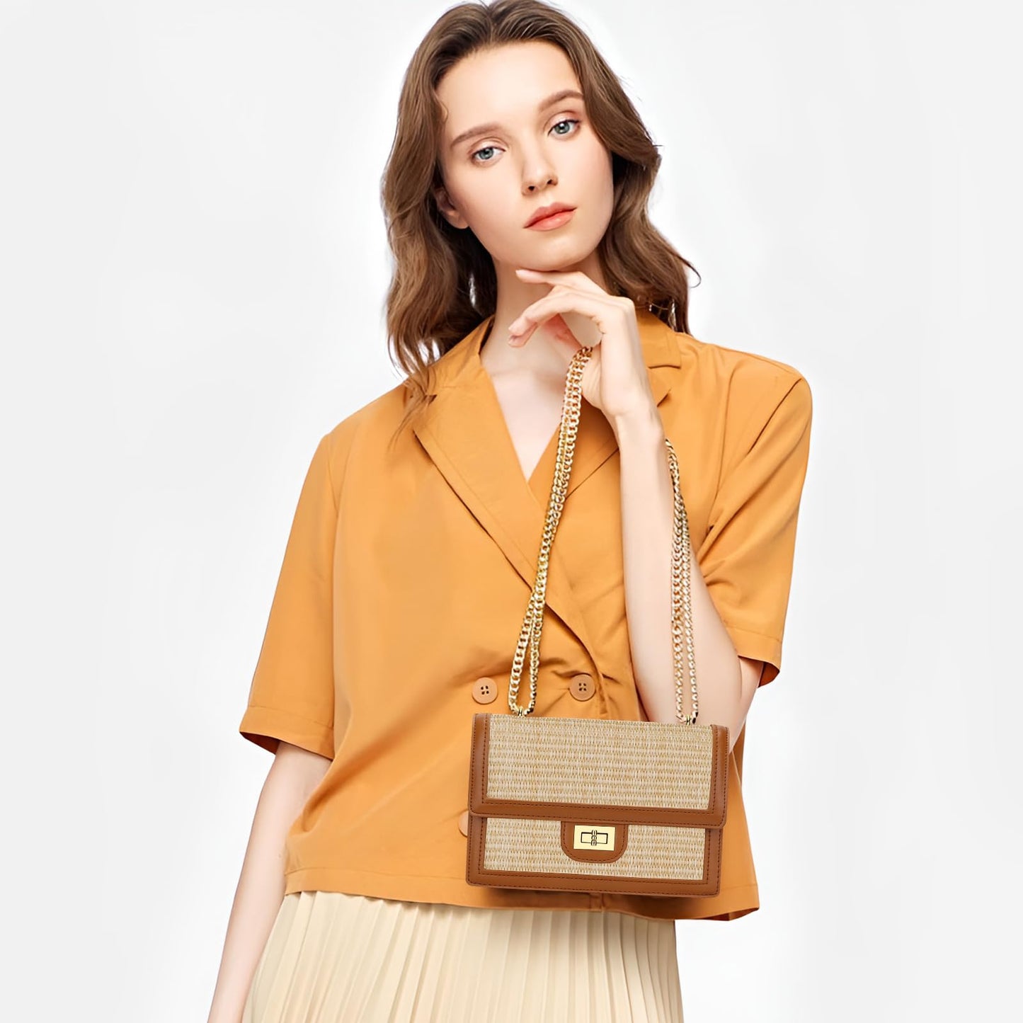 KKXIU Women Small Straw Beach bag Crossbody Bag Summer Shoulder Bag Beach Handbag Vegan Leather Purse (Brown)