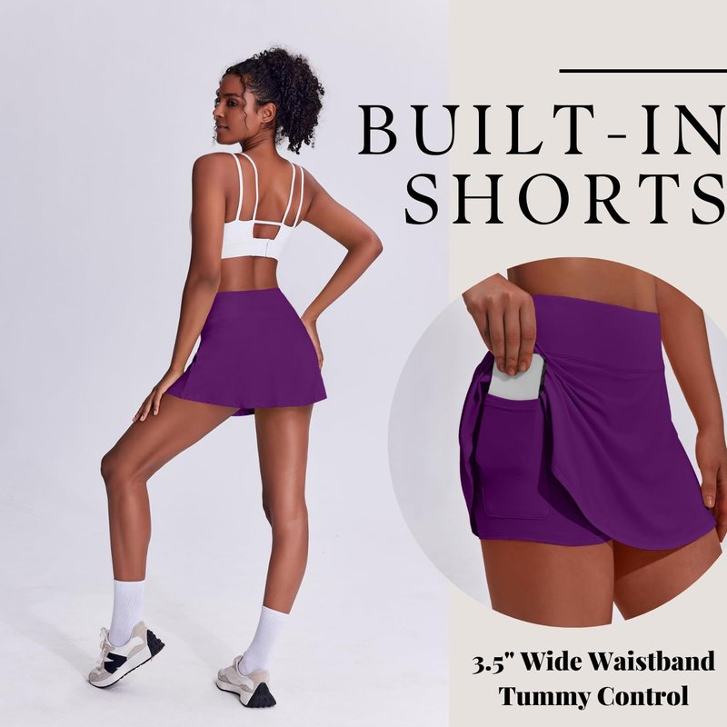 PINSPARK Purple Tennis Skirts 13" Mini Pleated Skirt Women Lightweight Golf Skorts with Pocket Pickleball Clothes,Purple Large