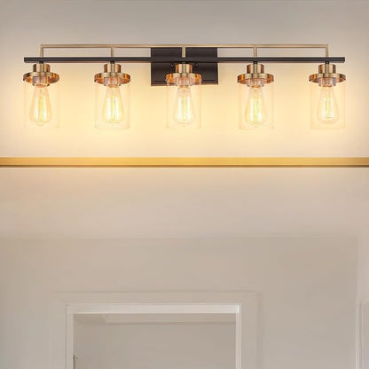 Emliviar 36 Inch 5-Light Bathroom Light Fixtures with Clear Glass Shade, Modern Vanity Lights Over Mirror for Bathroom, Bedroom, Hallway, Black and Gold Finish, YCE238B-5W BK+BG